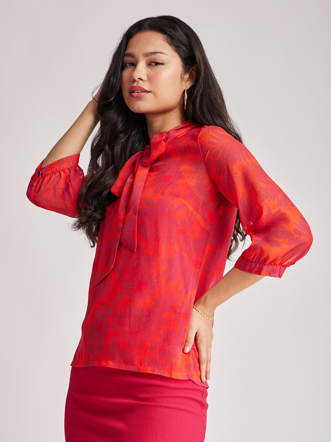 Floral Tie-up Top - Orange And Fuchsia