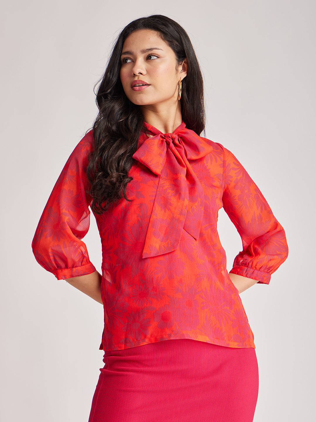 Floral Tie-up Top - Orange And Fuchsia