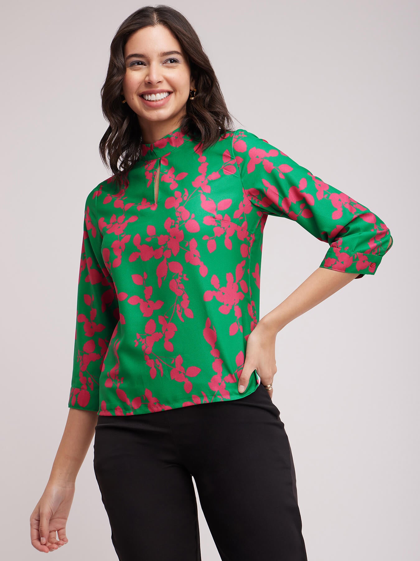 Floral Slit Detail Top - Green And Fuchsia