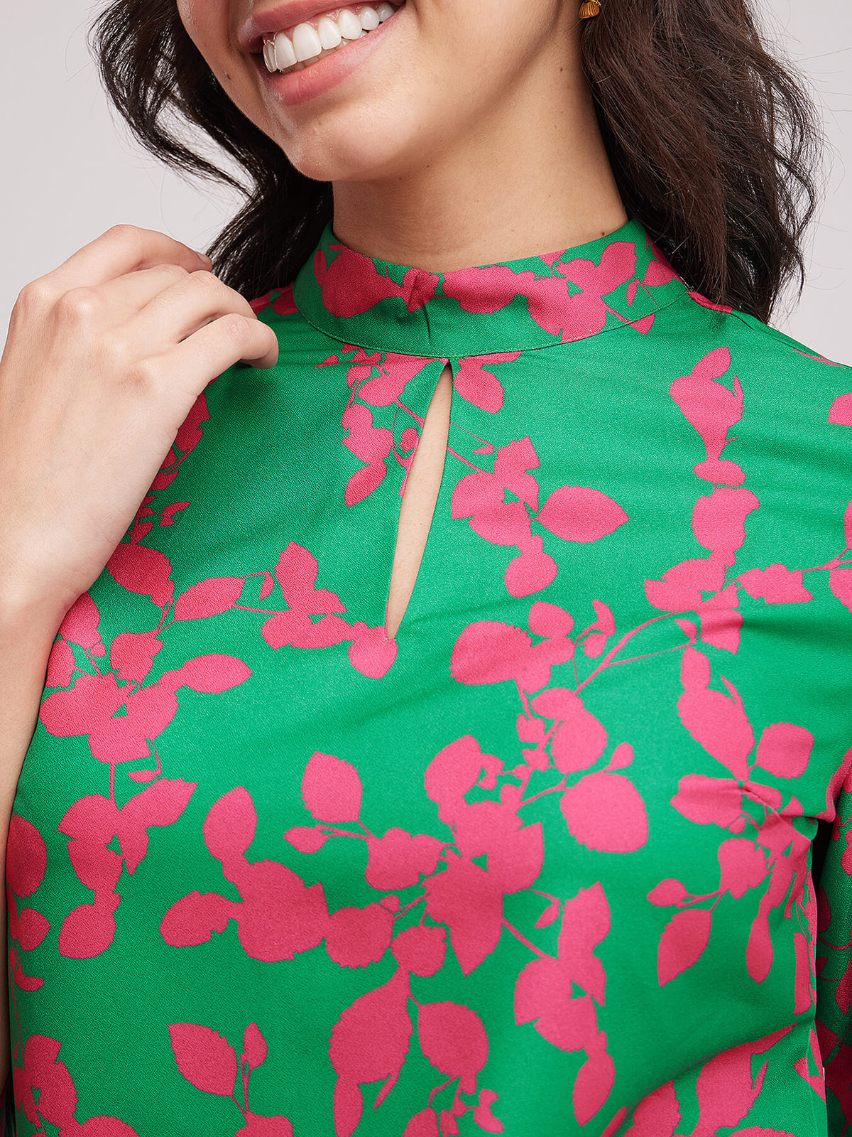 Floral Slit Detail Top - Green And Fuchsia