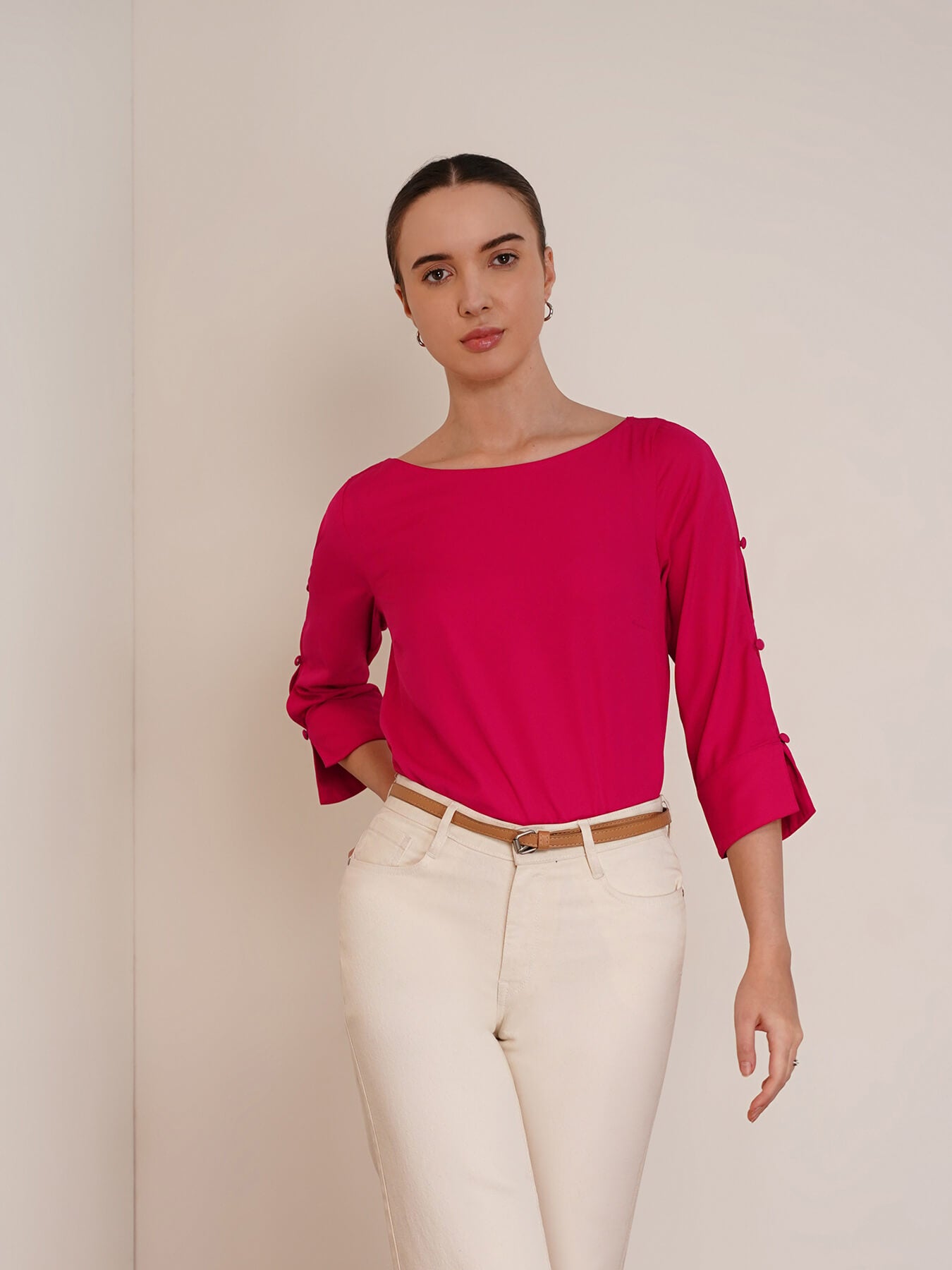 Boat Neck Button Detail Top - Fuchsia