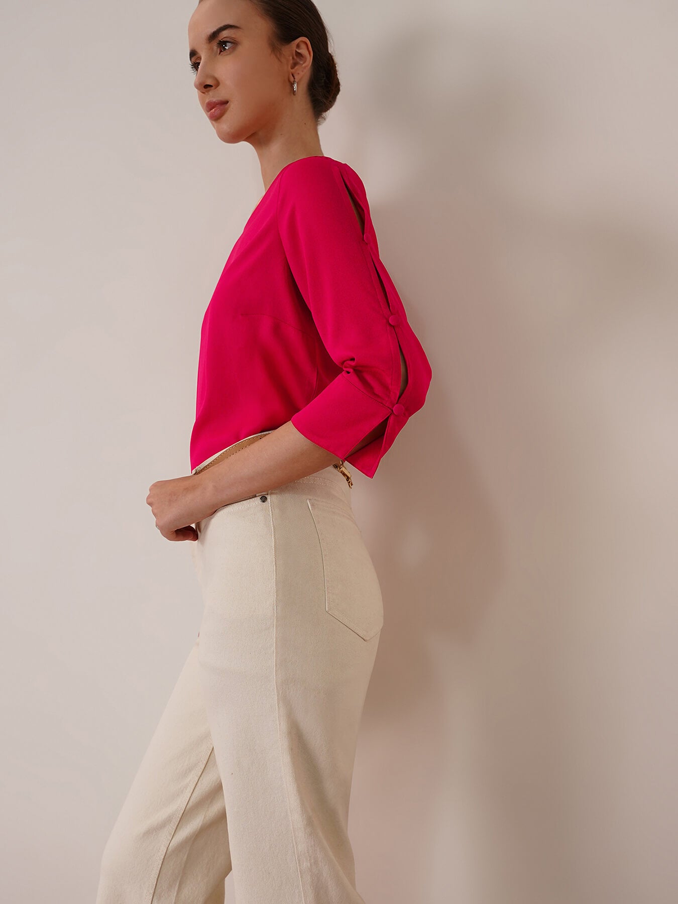 Boat Neck Button Detail Top - Fuchsia
