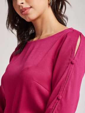 Boat Neck Button Detail Top - Fuchsia