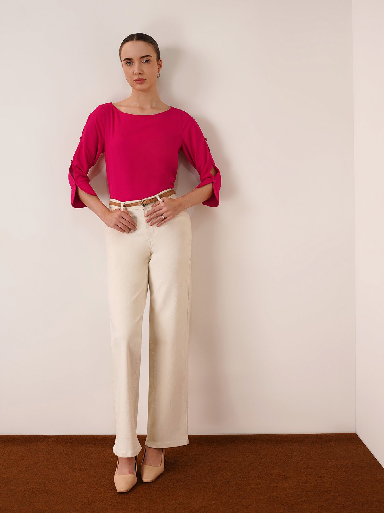 Boat Neck Button Detail Top - Fuchsia
