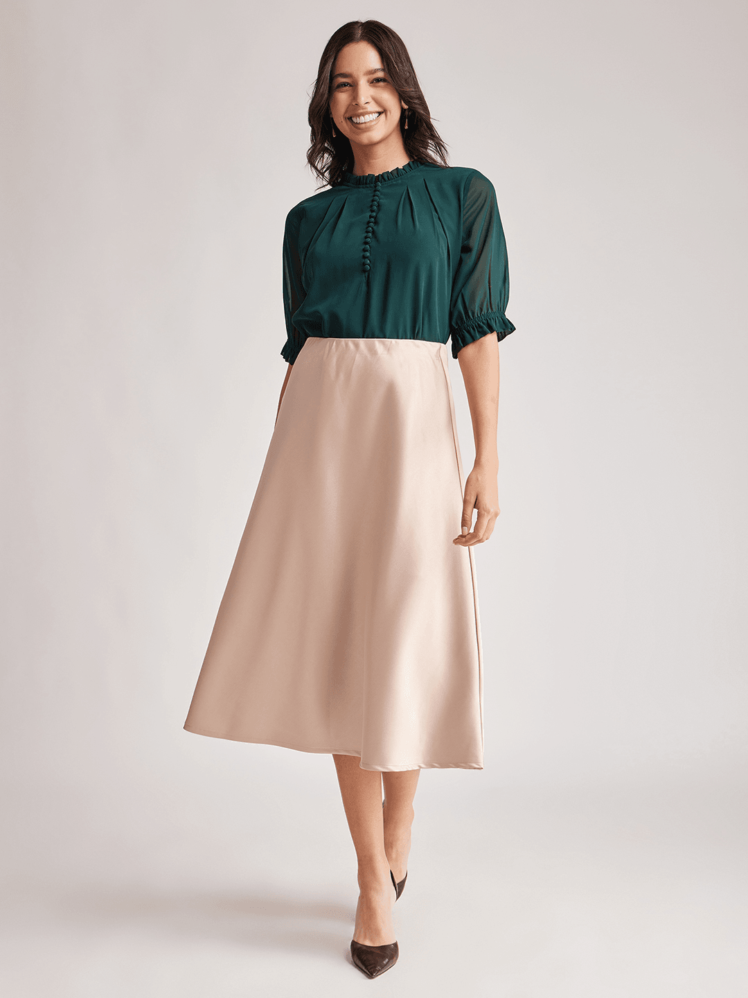 Ruffle High Neck Top - Green