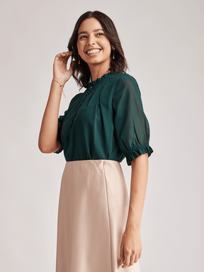 Ruffle High Neck Top - Green