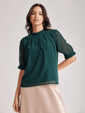 Ruffle High Neck Top - Green