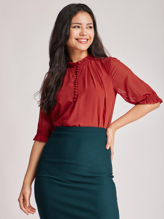 Pleat Detail Ruffle Top - Rust