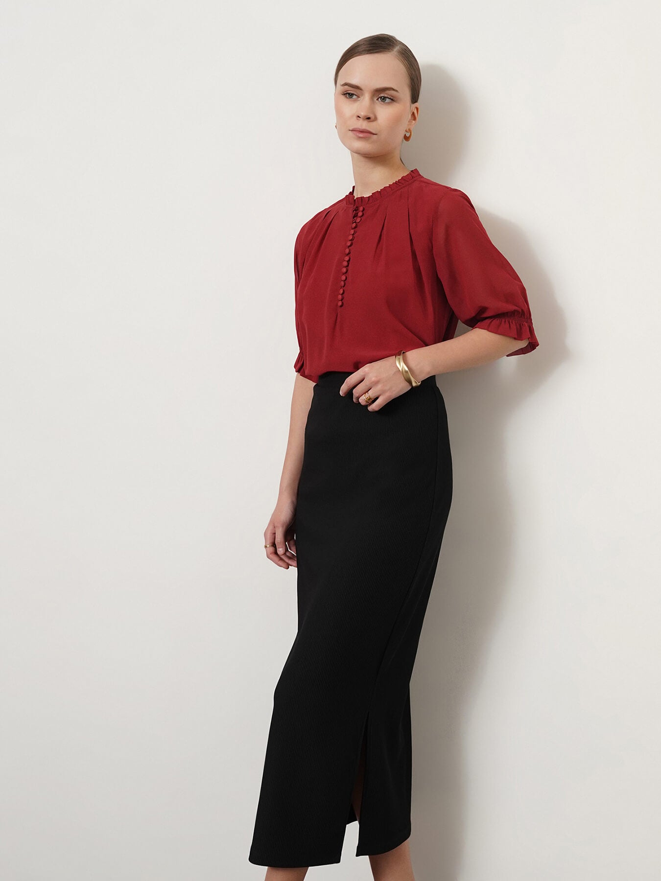 Pleat Detail Ruffle Top - Rust