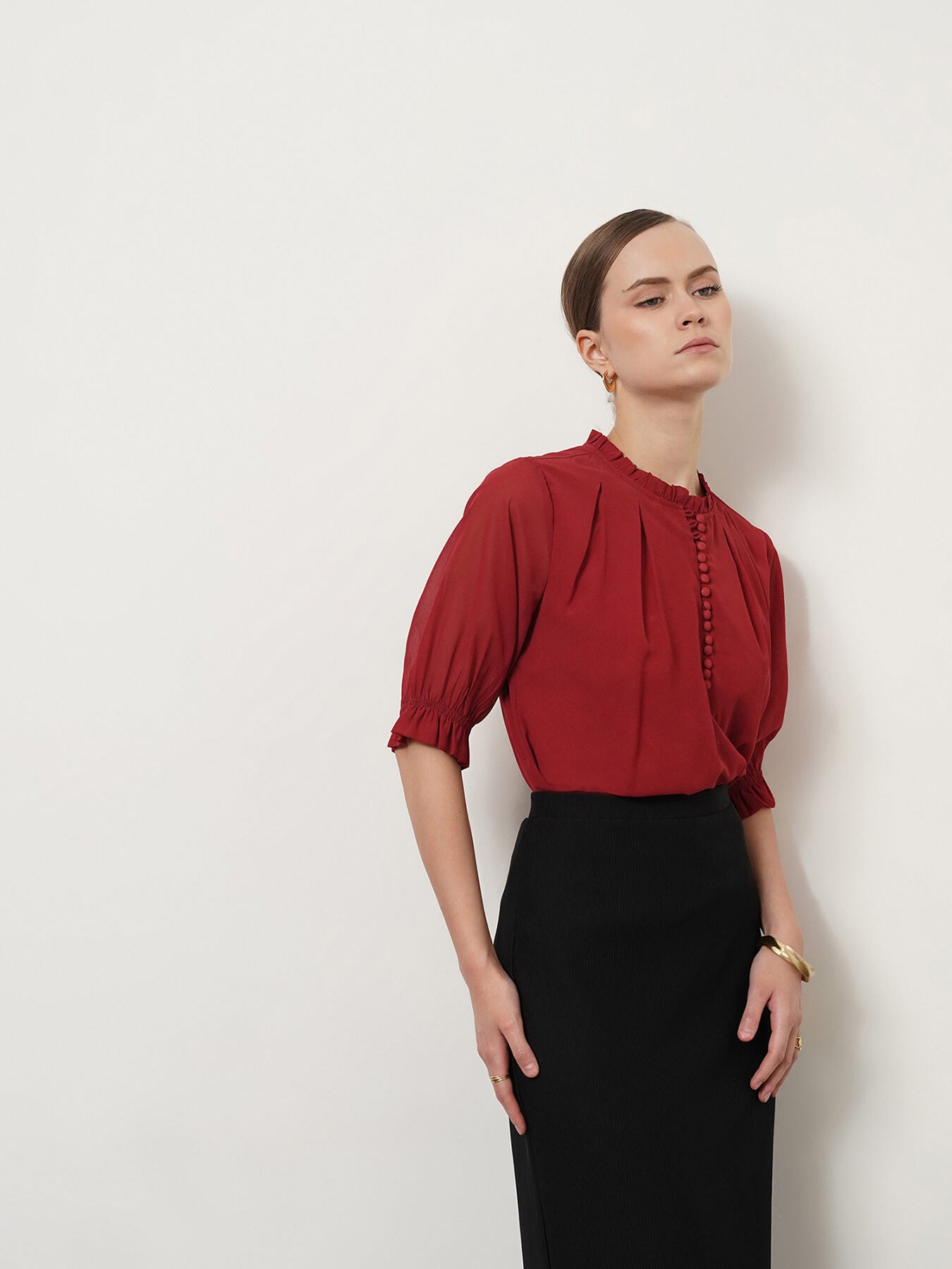 Pleat Detail Ruffle Top - Rust