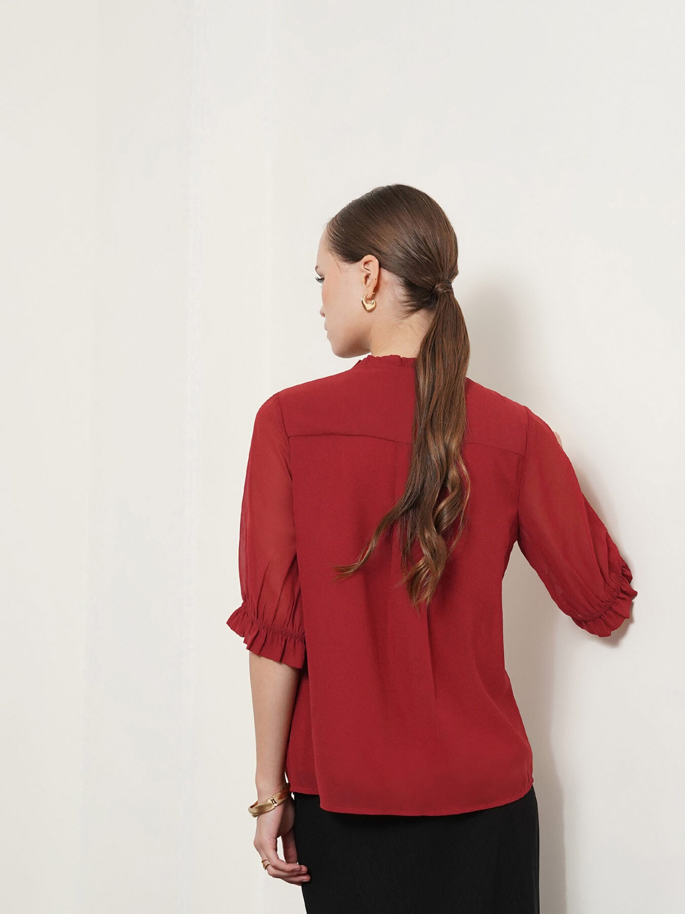 Pleat Detail Ruffle Top - Rust