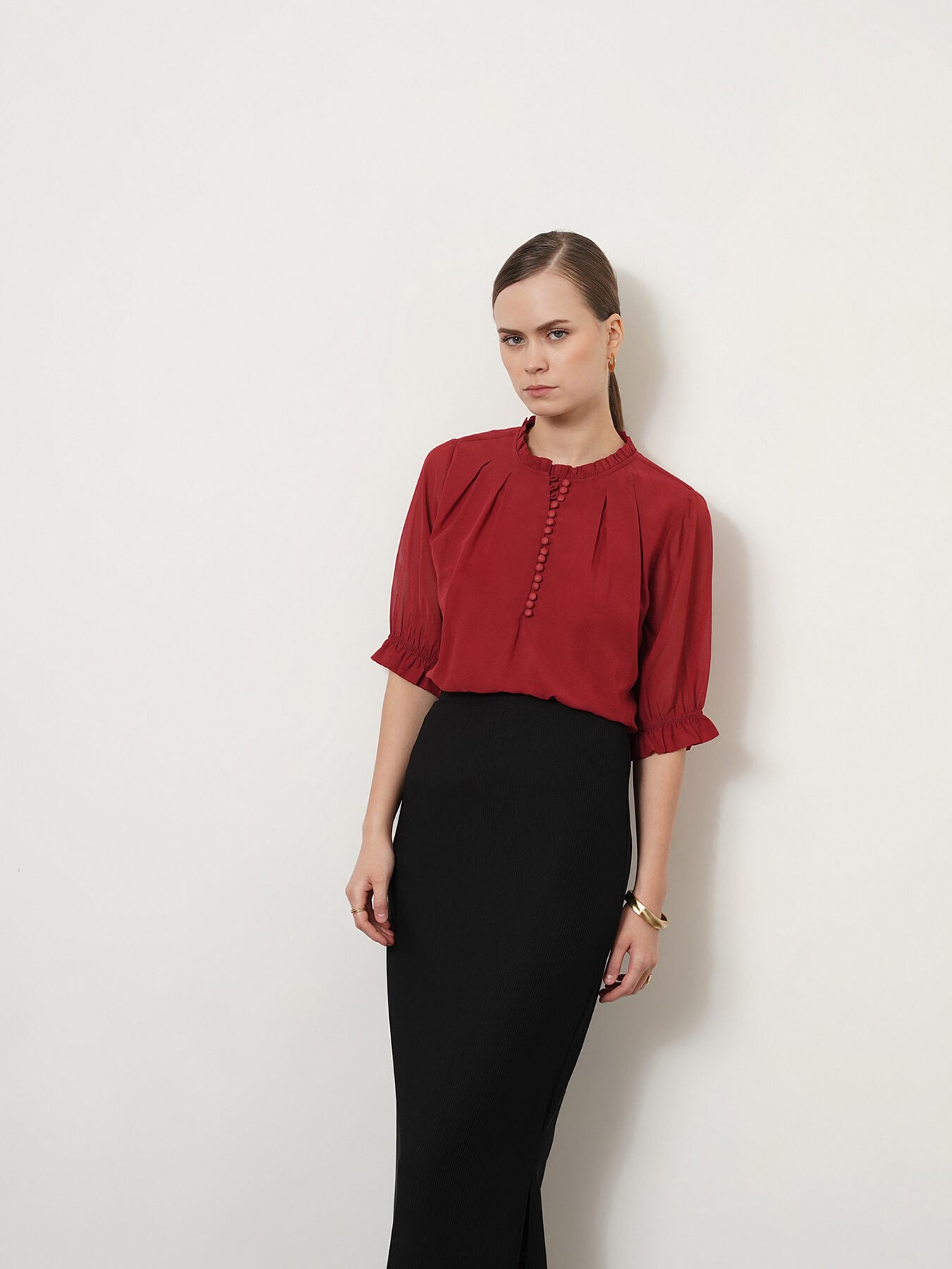 Pleat Detail Ruffle Top - Rust