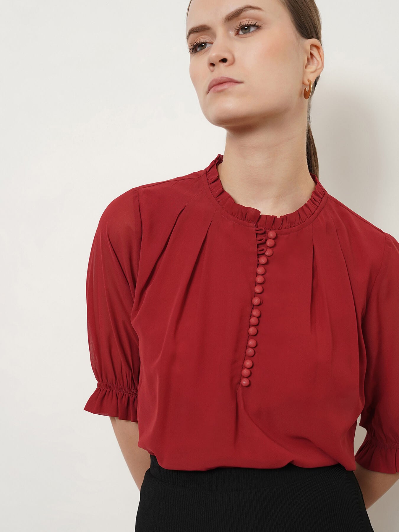 Pleat Detail Ruffle Top - Rust