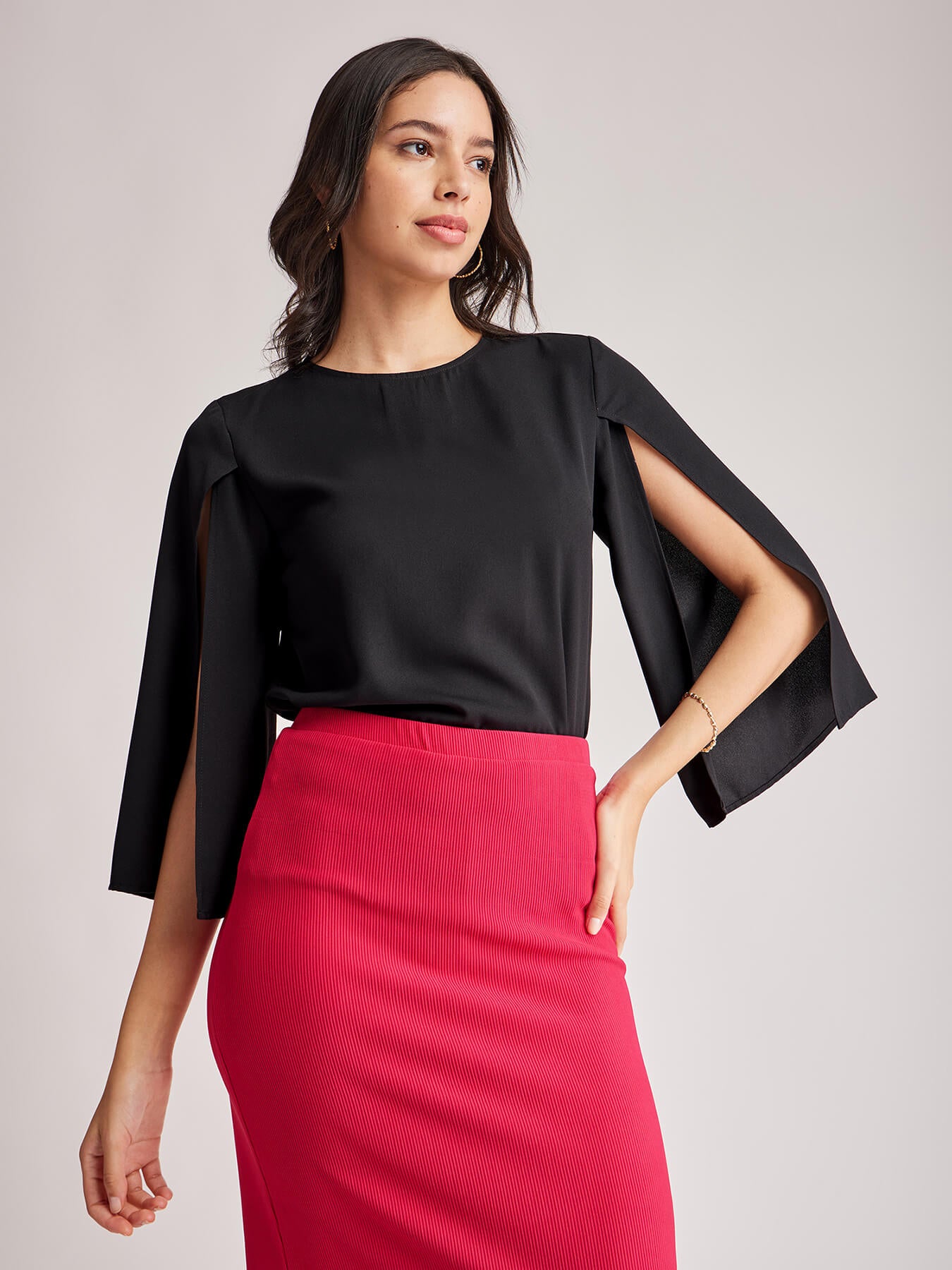 Slit Sleeves Round Neck Top - Black