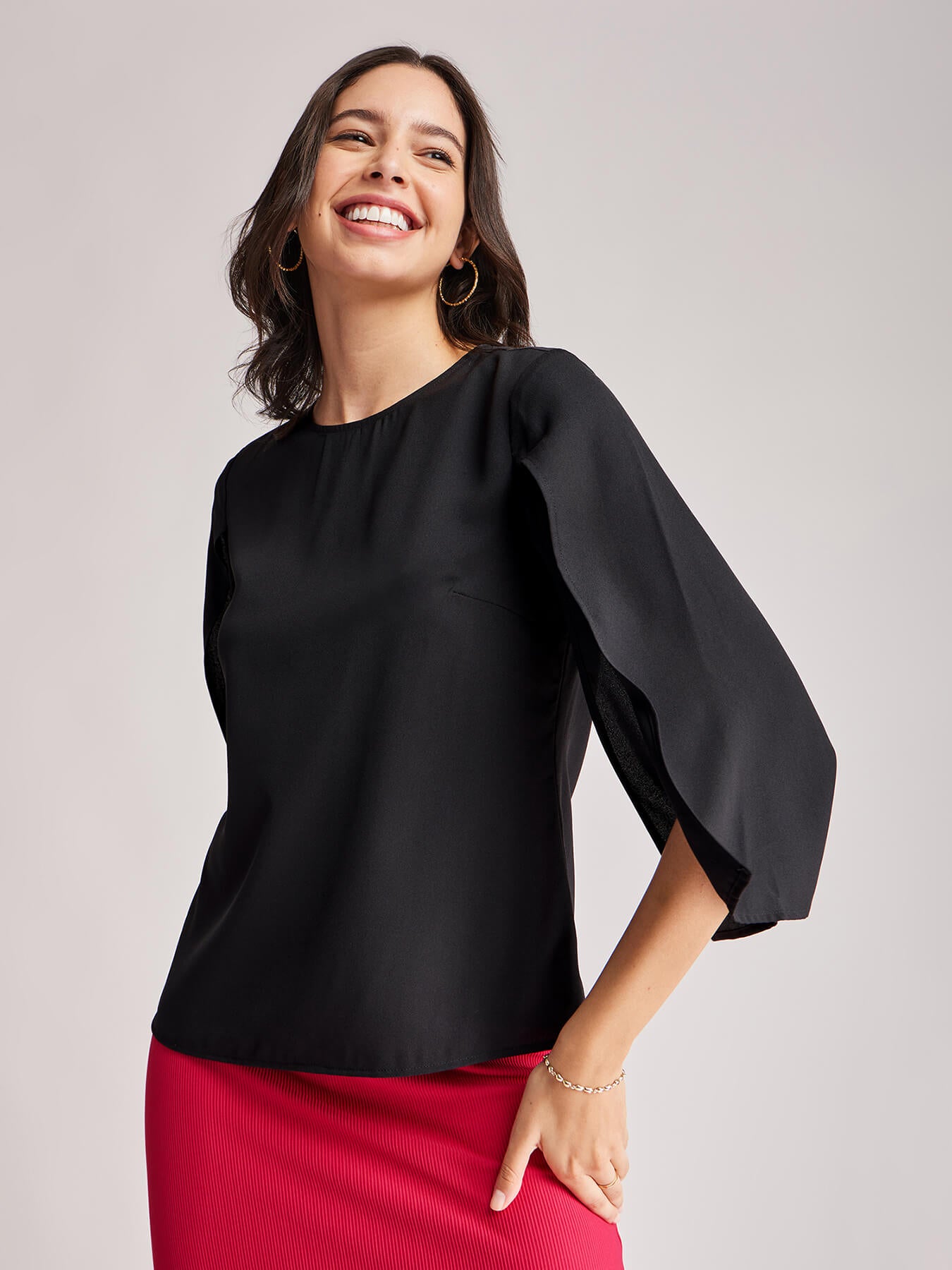 Slit Sleeves Round Neck Top - Black