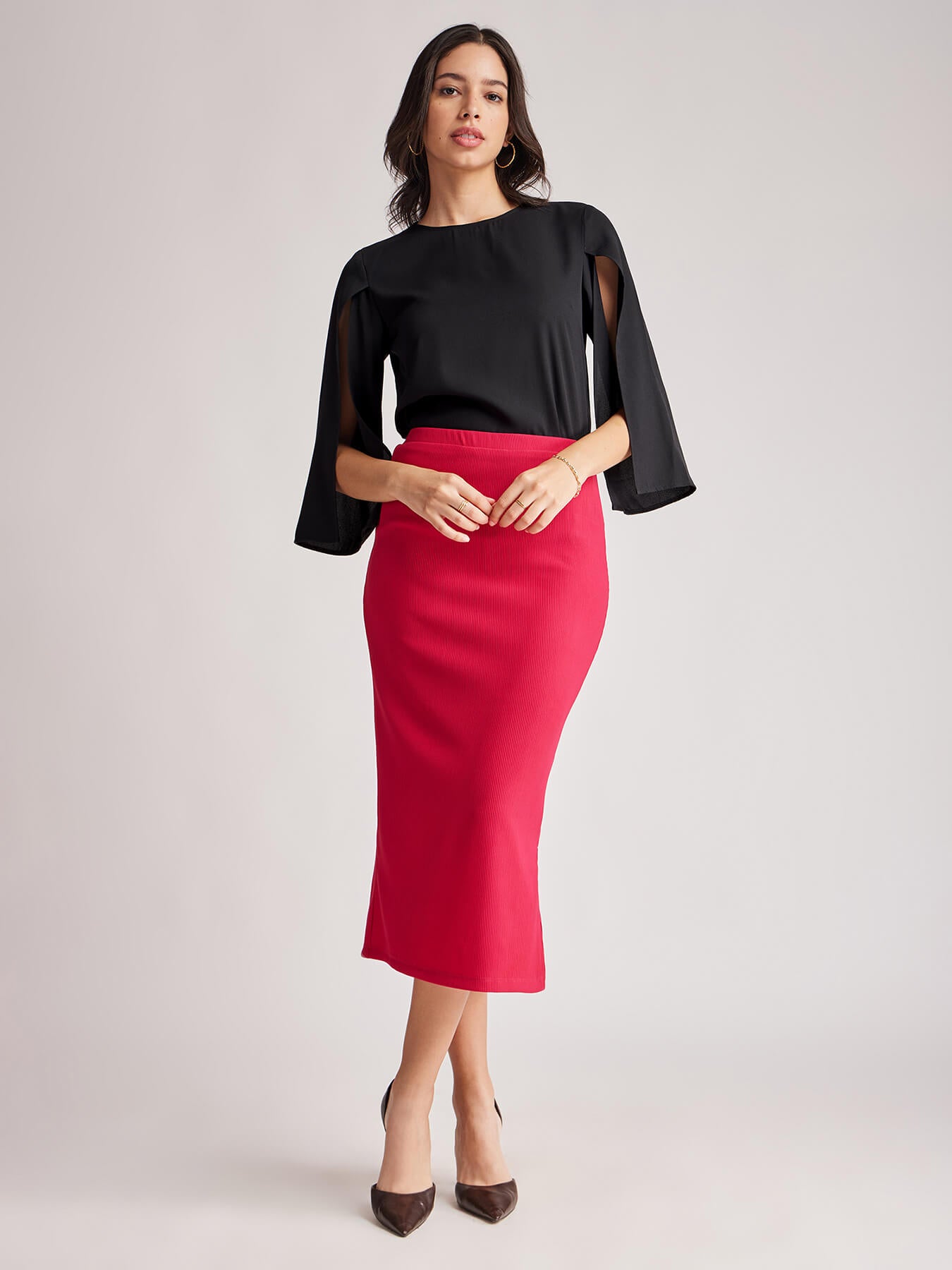 Slit Sleeves Round Neck Top - Black