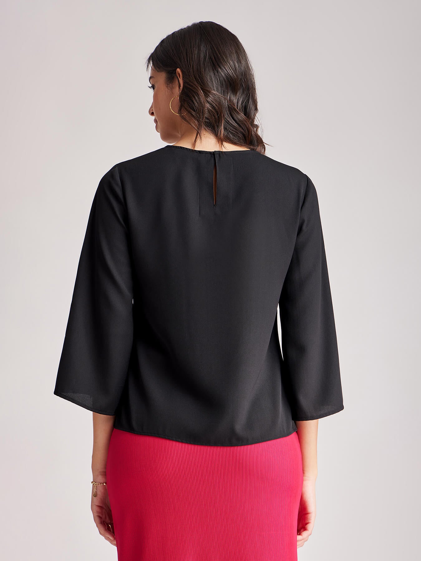 Slit Sleeves Round Neck Top - Black