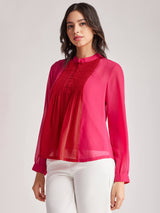 Colour Block Mandarin Neck Top - Fuchsia And Red