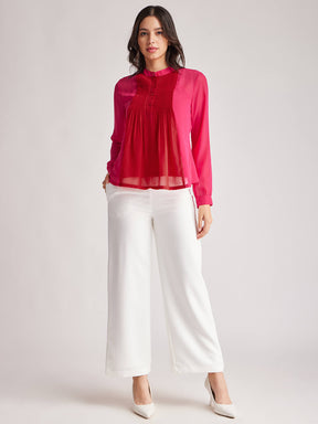 Colour Block Mandarin Neck Top - Fuchsia And Red