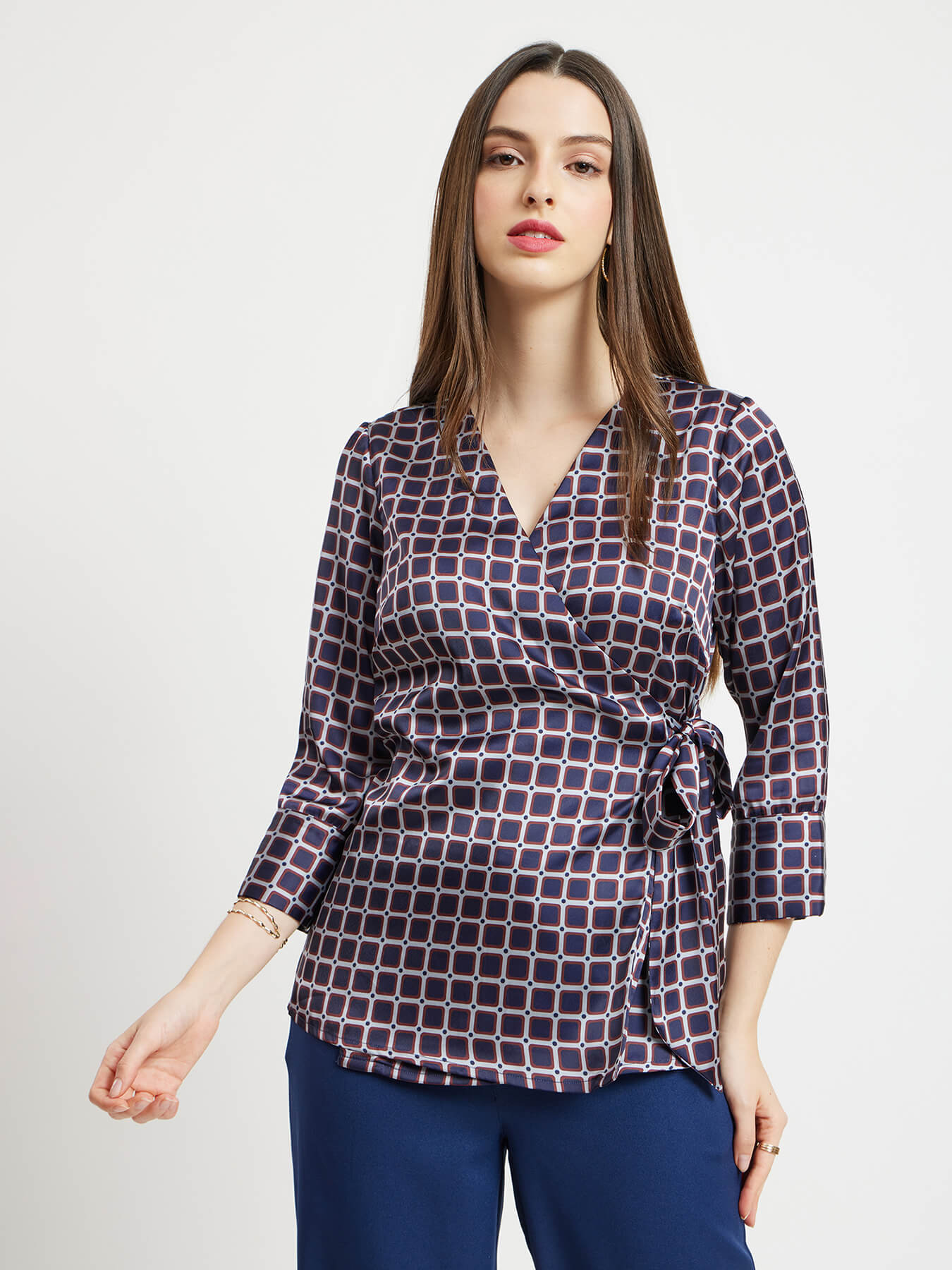 Satin Geometric Print Wrap Top - Navy And Maroon