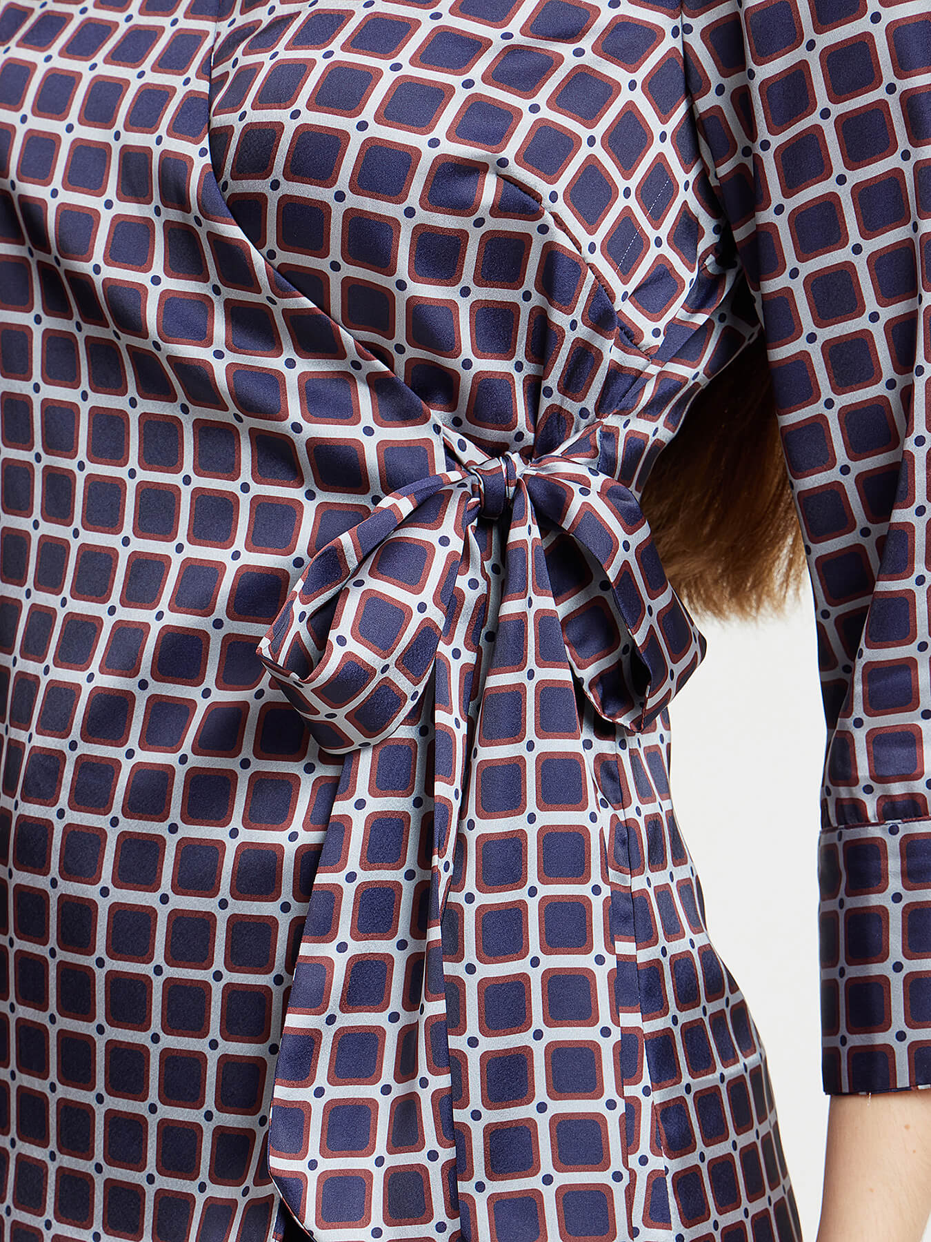 Satin Geometric Print Wrap Top - Navy And Maroon