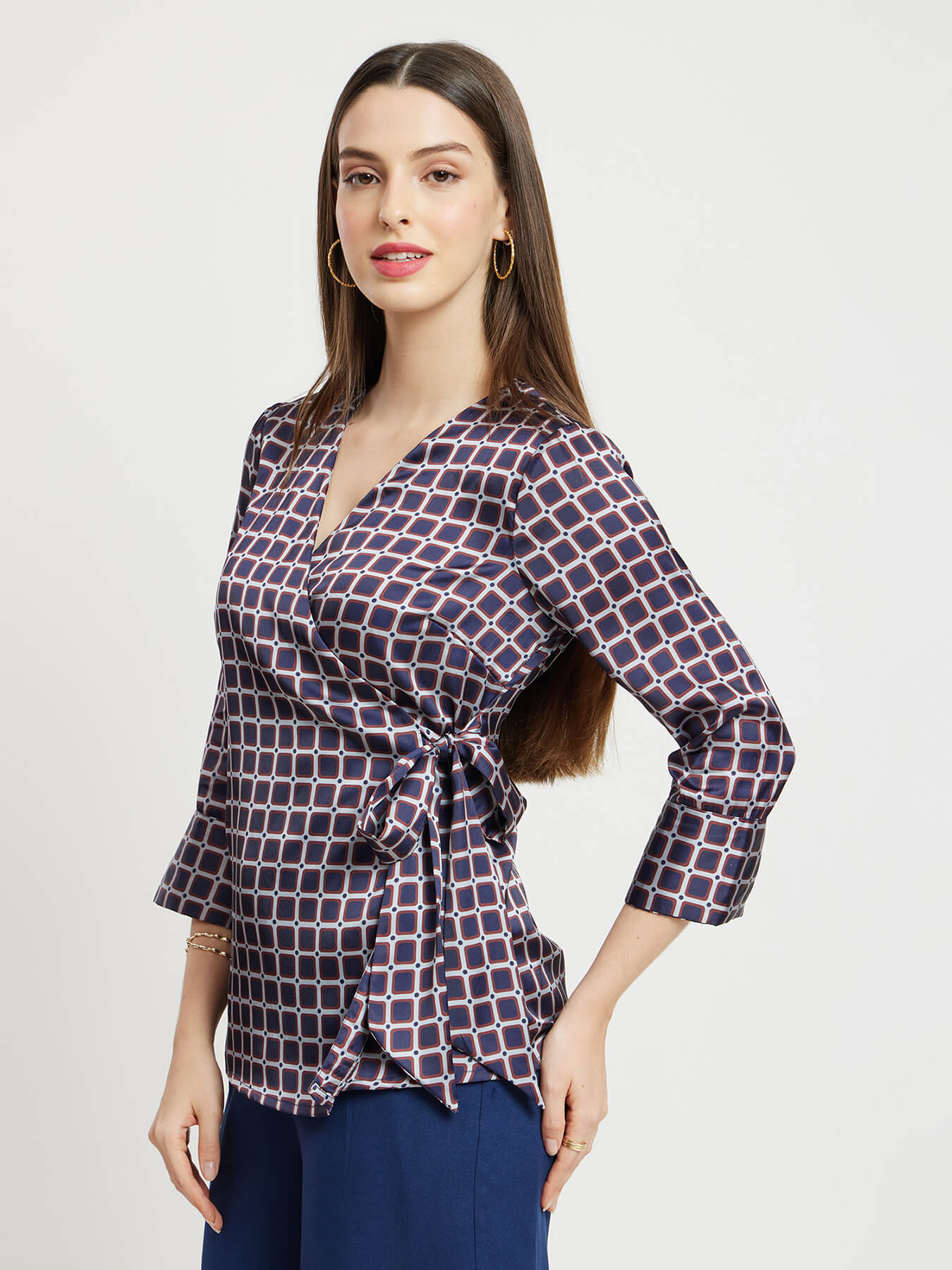 Satin Geometric Print Wrap Top - Navy And Maroon