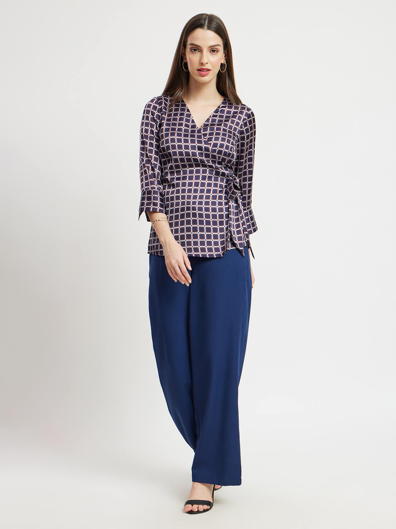 Satin Geometric Print Wrap Top - Navy And Maroon