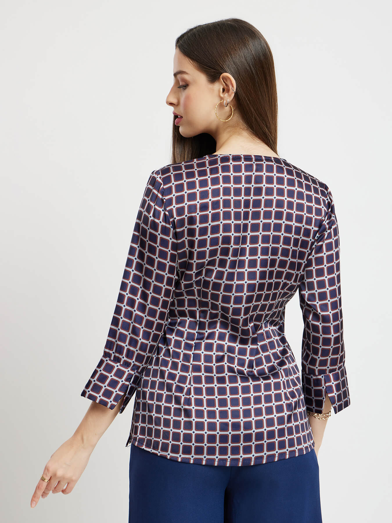 Satin Geometric Print Wrap Top - Navy And Maroon