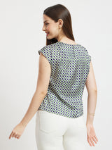 Geometric Drop Shoulder Top - White And Navy