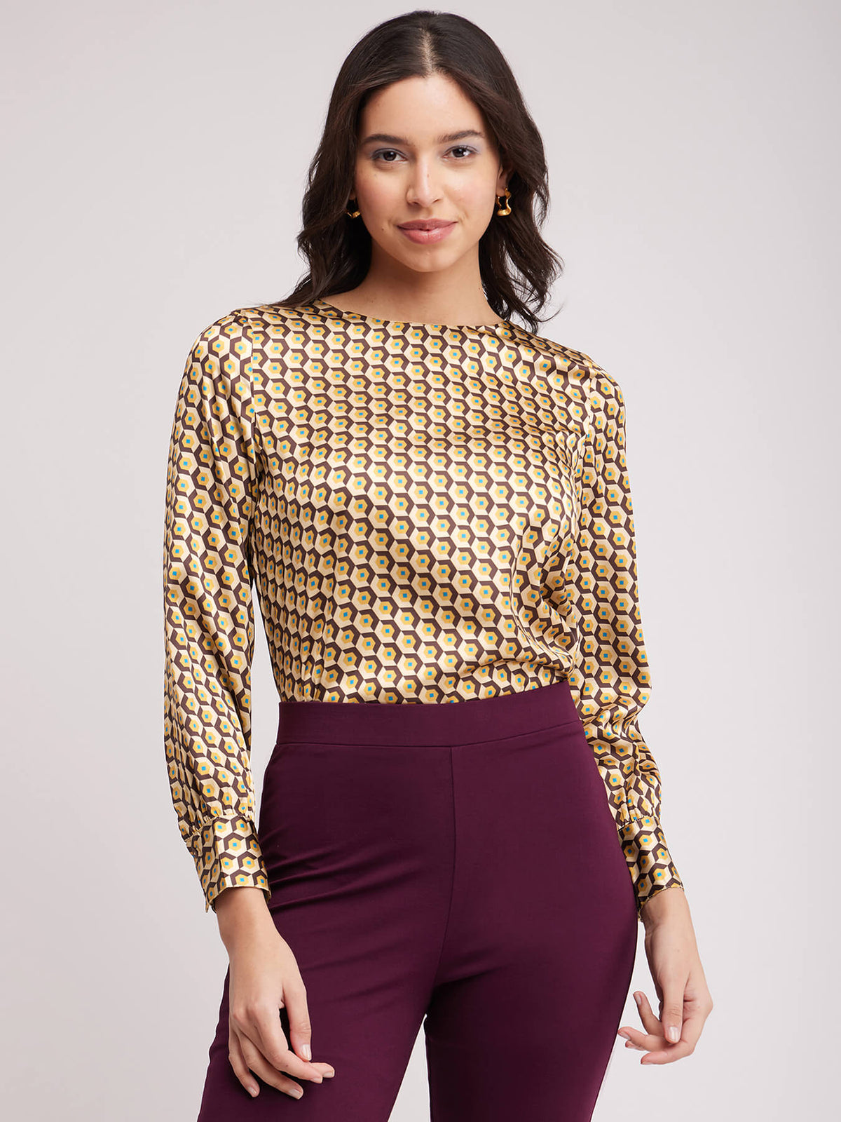 Geometric Round Neck Top - Brown And Beige