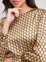 Geometric Round Neck Top - Brown And Beige