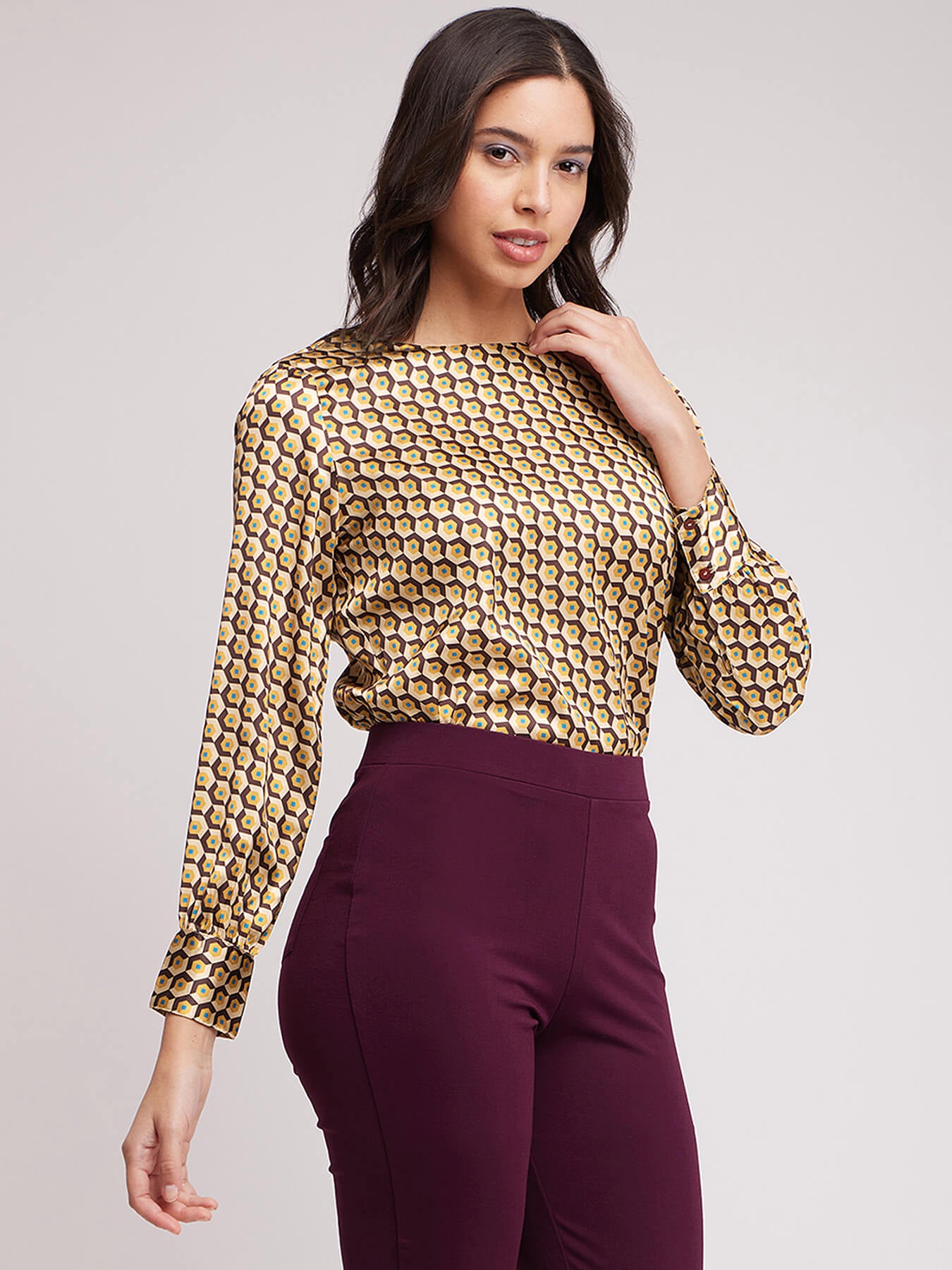 Geometric Round Neck Top - Brown And Beige