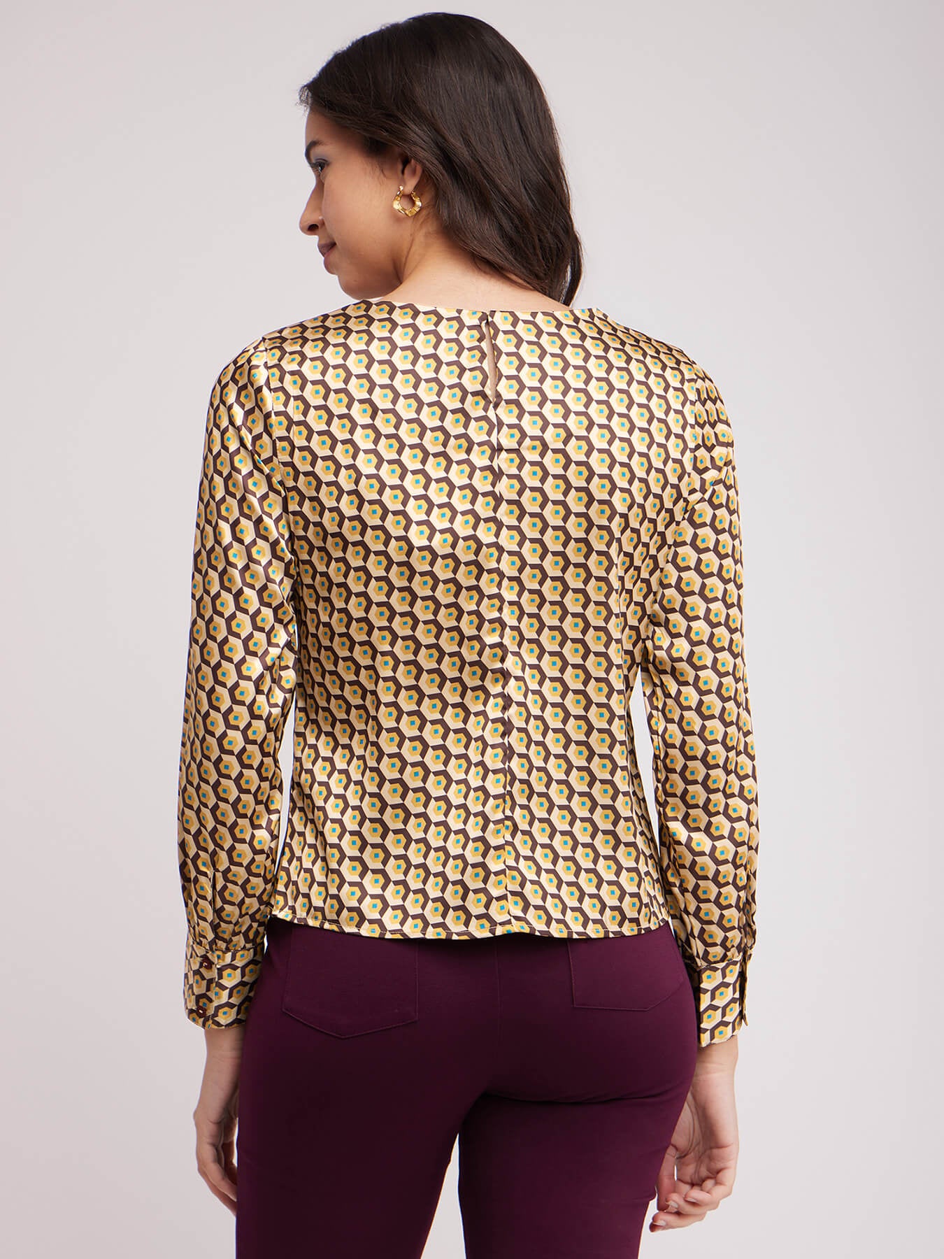 Geometric Round Neck Top - Brown And Beige