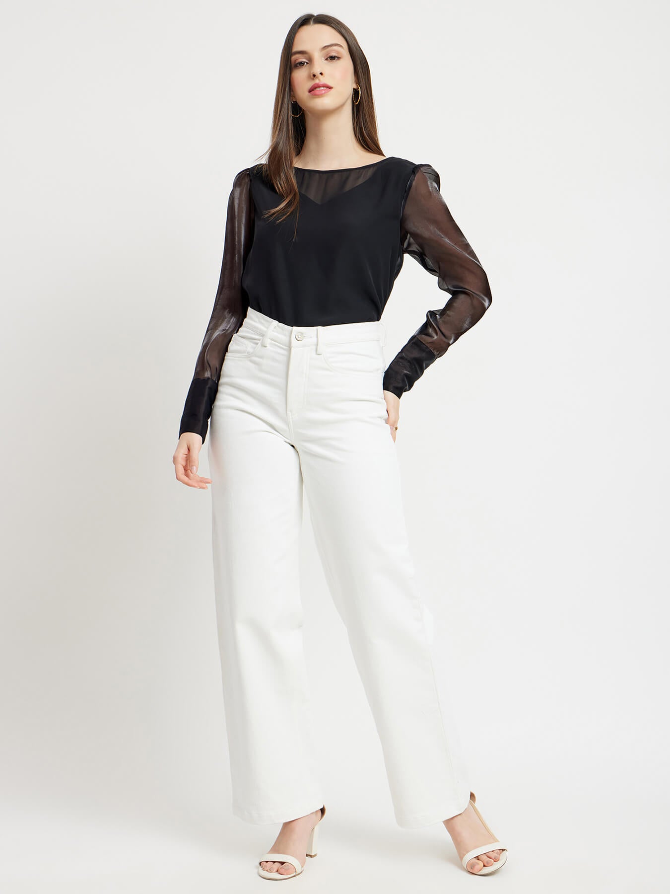 Boat Neck Organza Sleeves Top - Black
