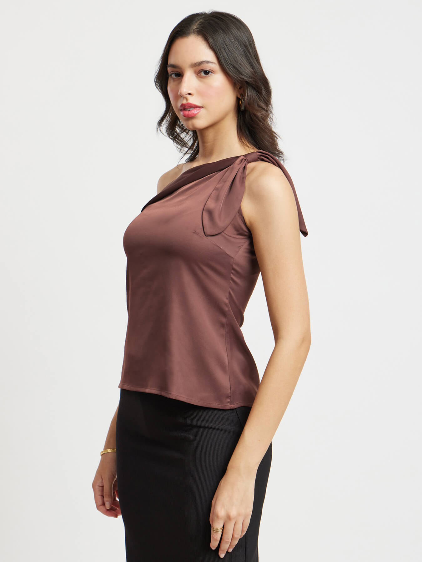 Satin Bow Tie One Shoulder Top - Brown