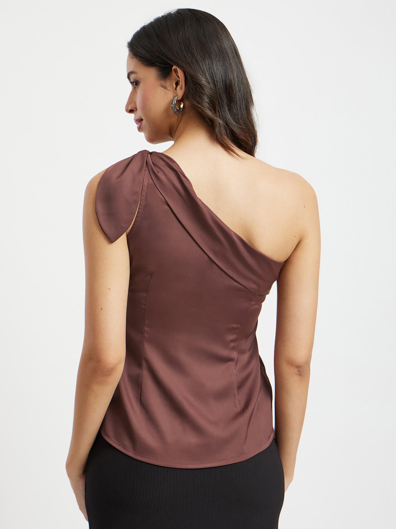Satin Bow Tie One Shoulder Top - Brown