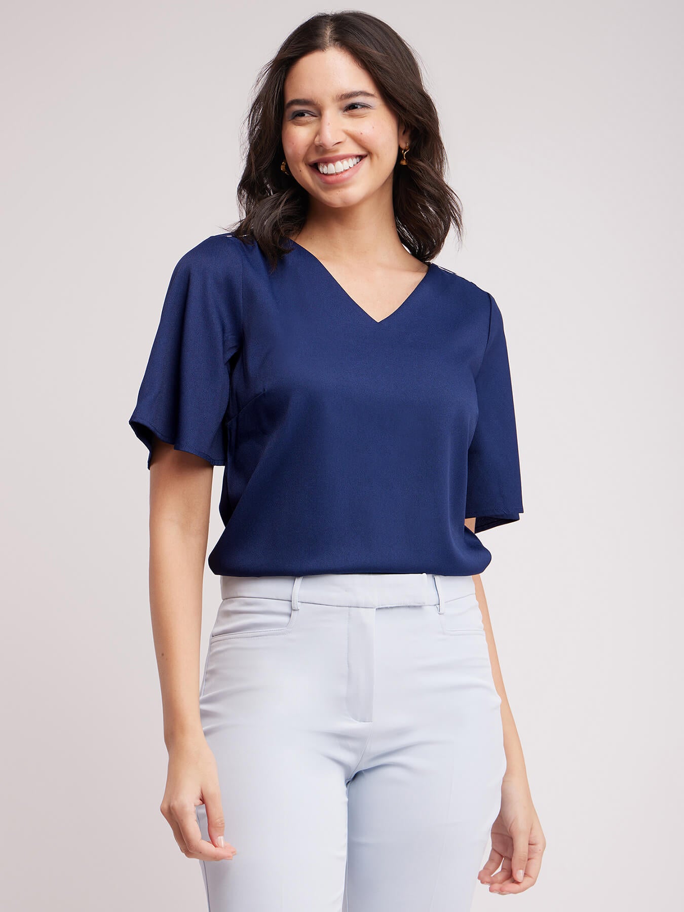 Bell Sleeves V Neck Top - Navy Blue