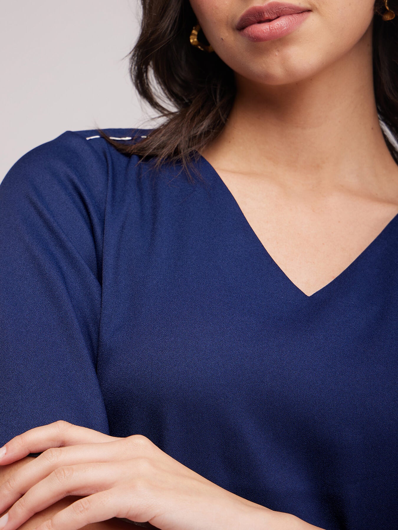 Bell Sleeves V Neck Top - Navy Blue