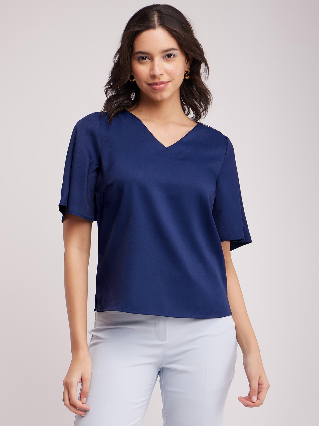 Bell Sleeves V Neck Top - Navy Blue