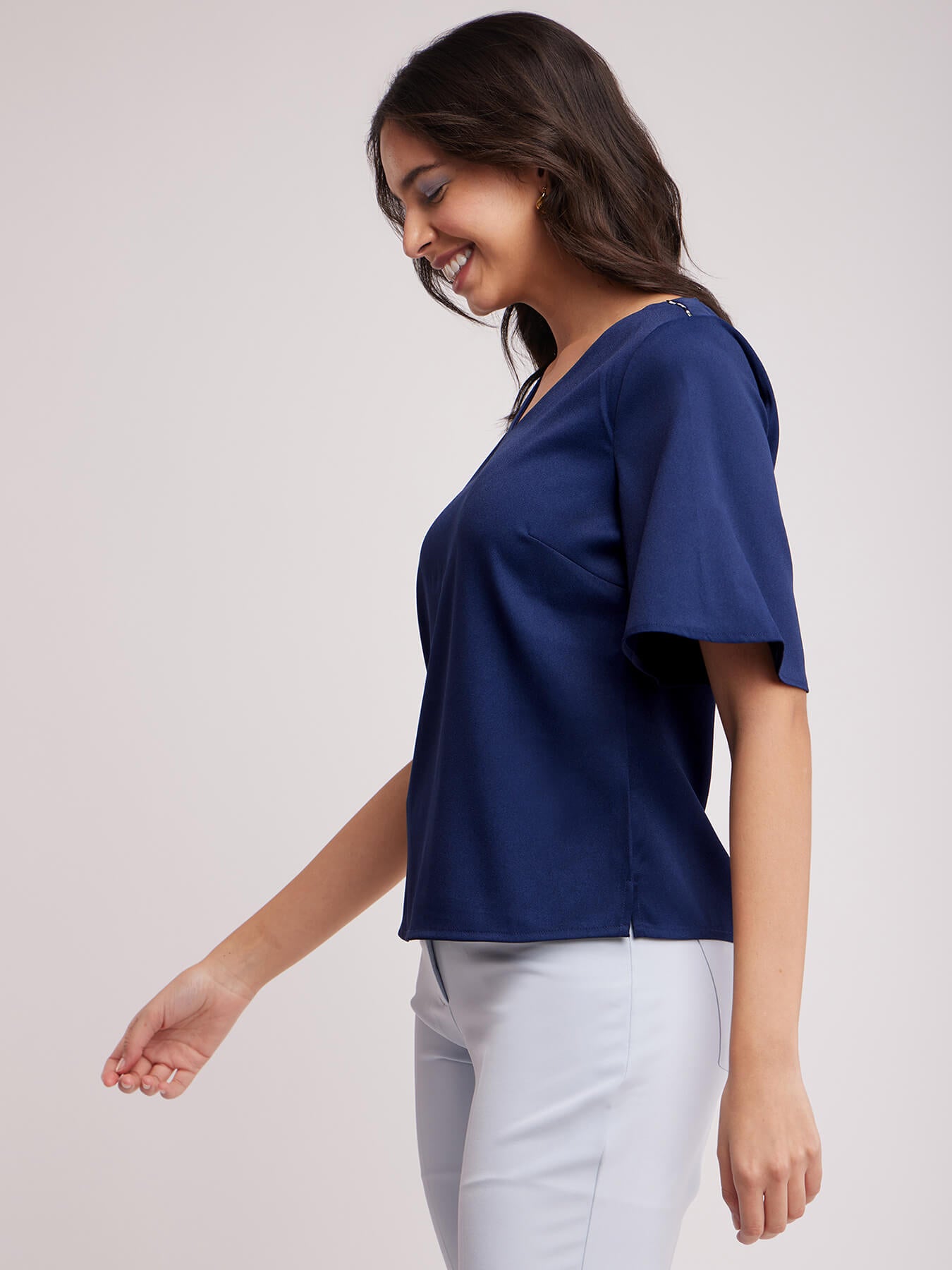 Bell Sleeves V Neck Top - Navy Blue