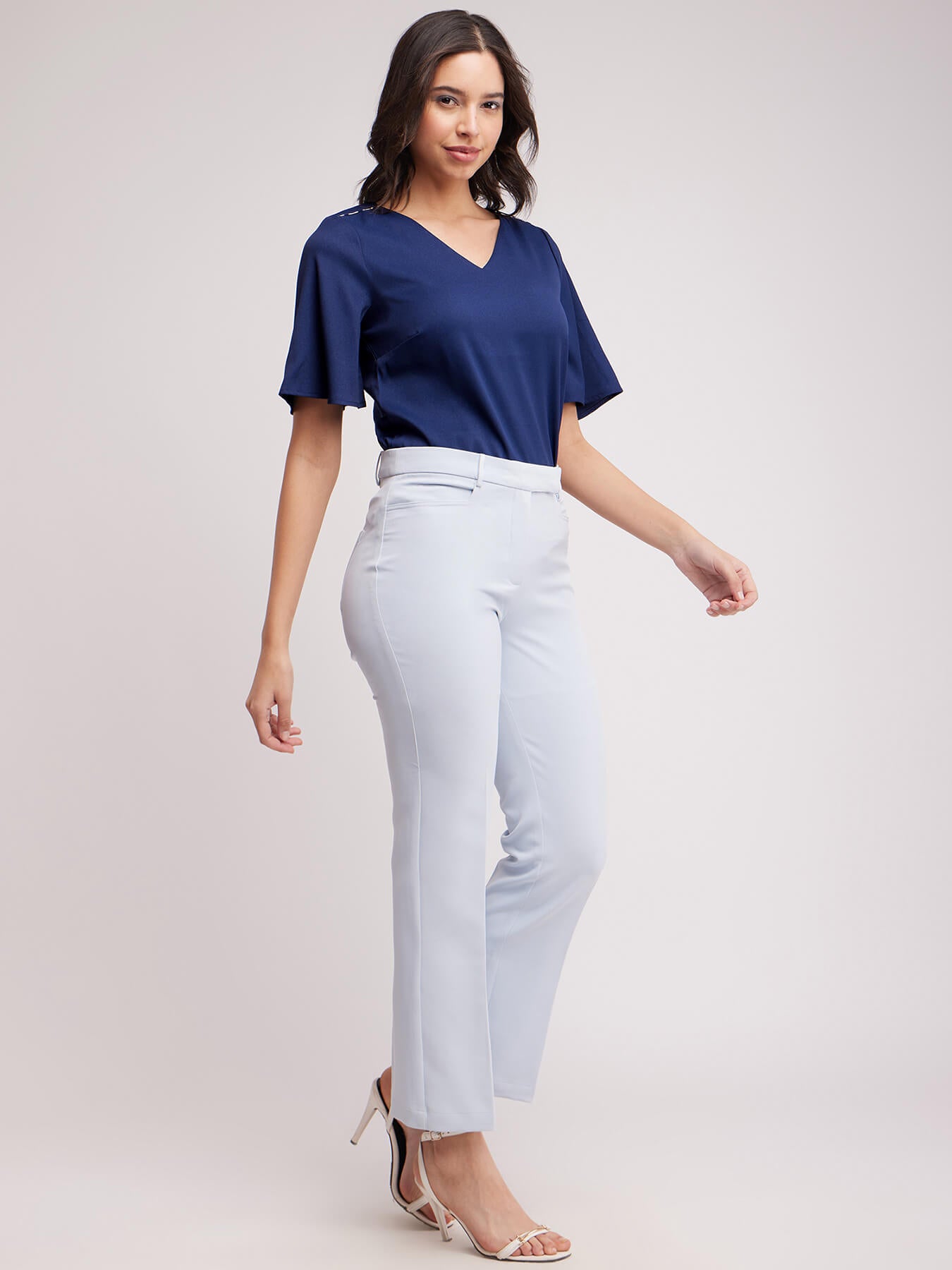 Bell Sleeves V Neck Top - Navy Blue