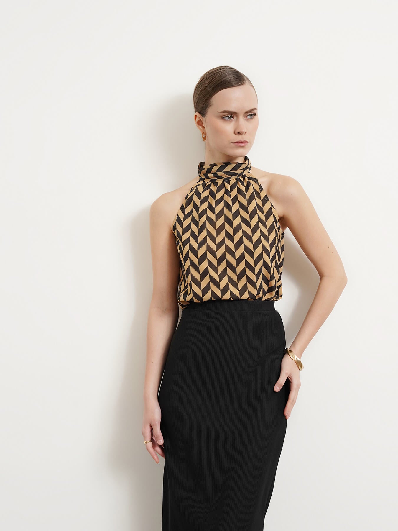 Halter Neck Geometric Top - Beige And Black