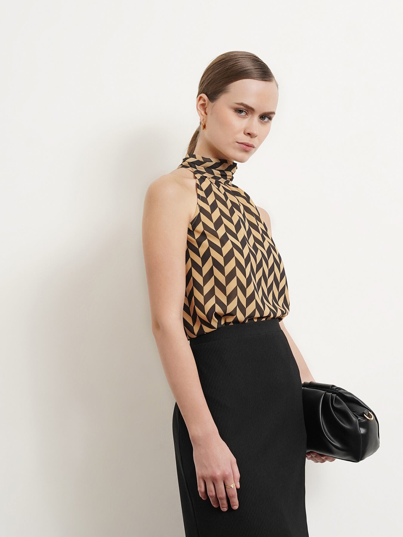 Halter Neck Geometric Top - Beige And Black