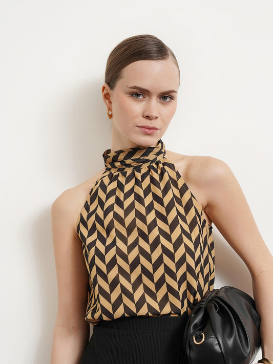 Halter Neck Geometric Top - Beige And Black