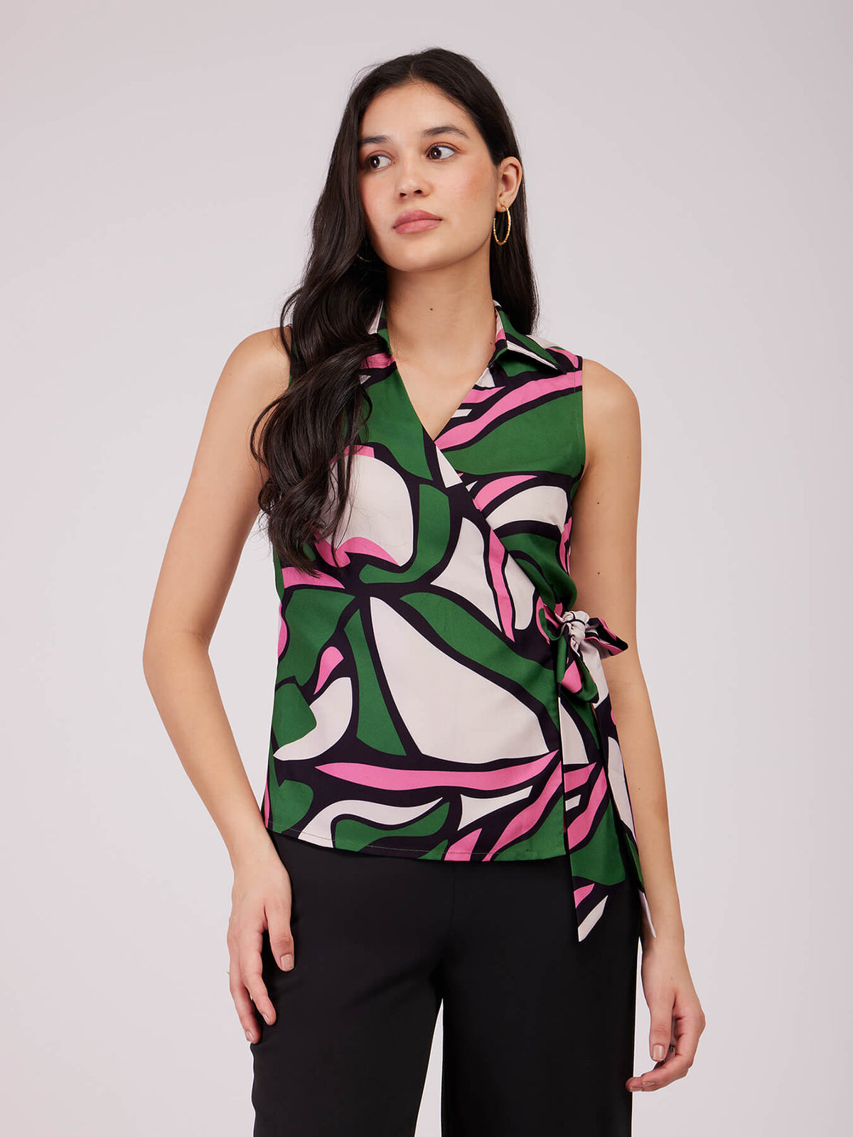 Abstract Print Wrap Top - Green And Pink