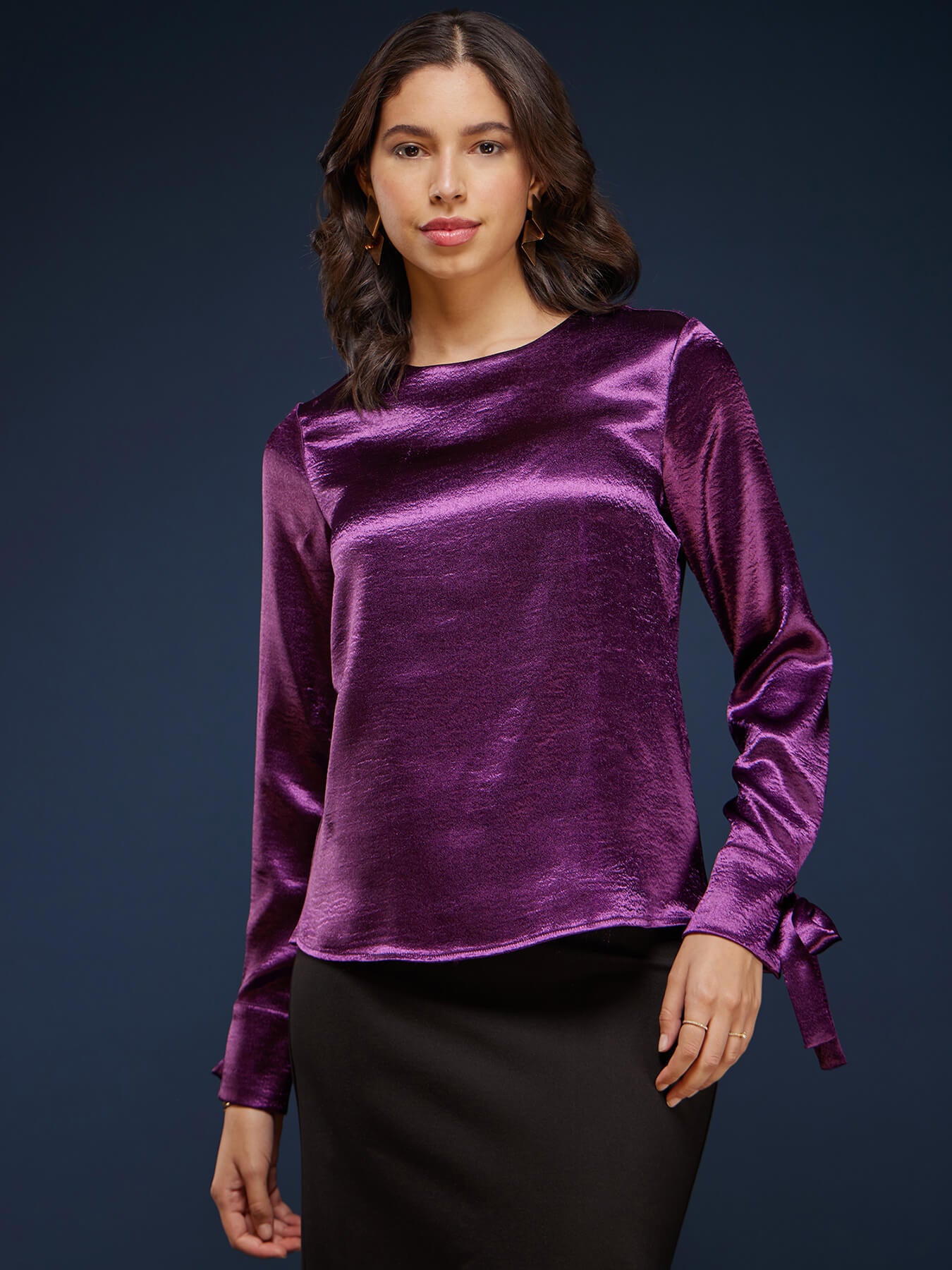 Satin Tie-Up Crew Neck Top - Purple