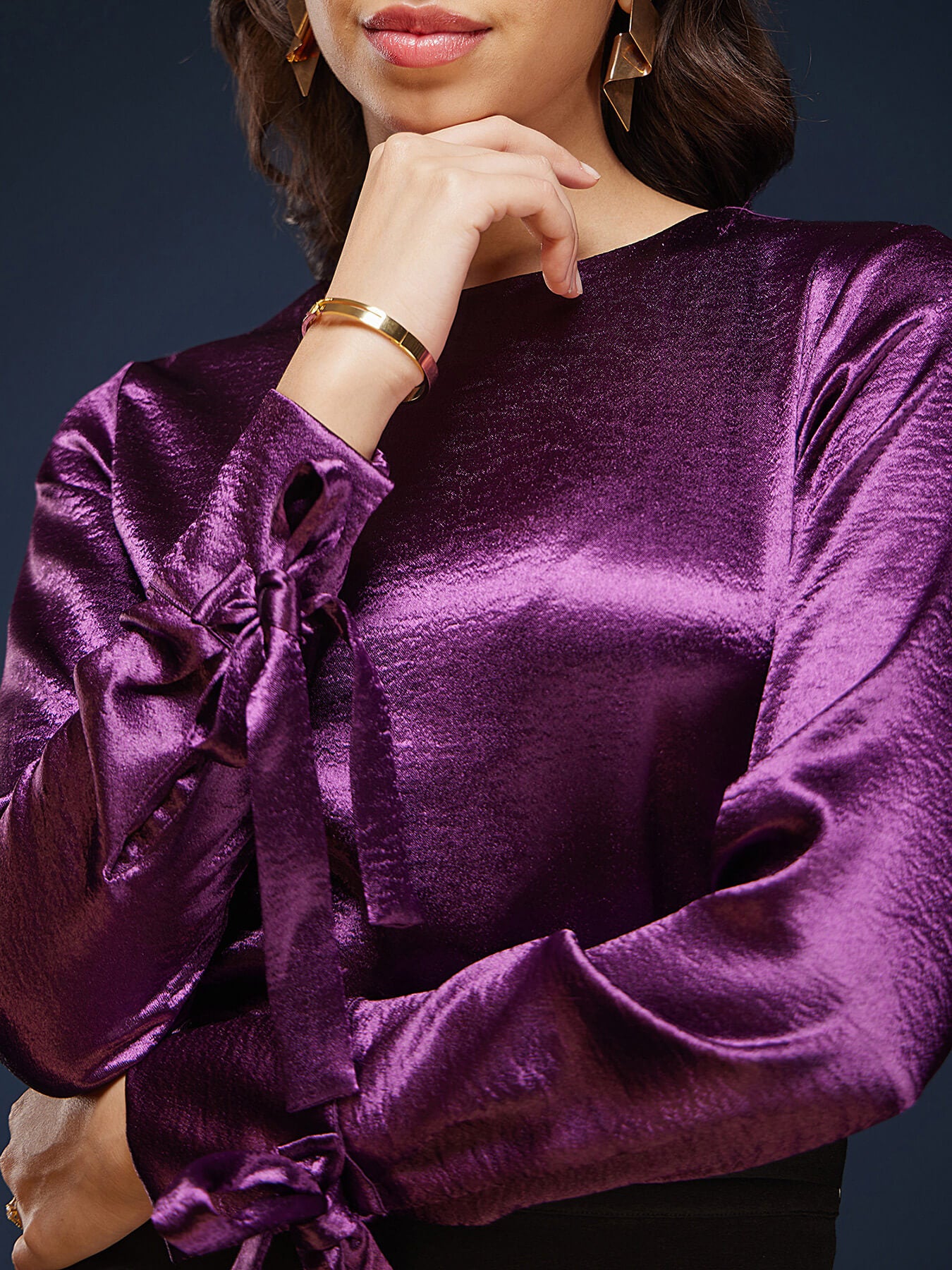 Satin Tie-Up Crew Neck Top - Purple