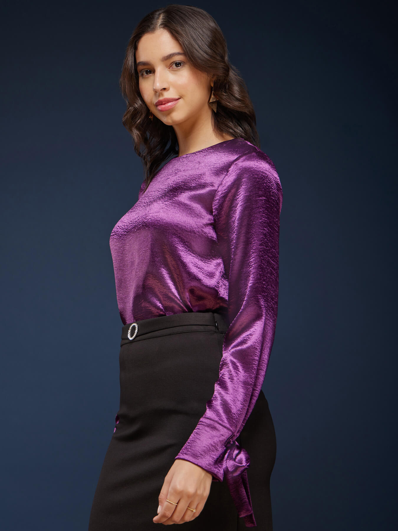 Satin Tie-Up Crew Neck Top - Purple