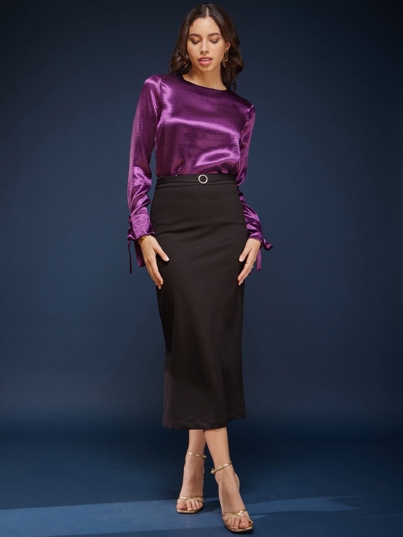 Satin Tie-Up Crew Neck Top - Purple