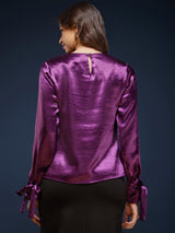 Satin Tie-Up Crew Neck Top - Purple